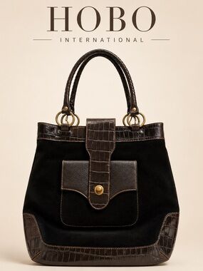 HOBO International Black Suede Croc Embossed Leather Shoulder Tote Bag